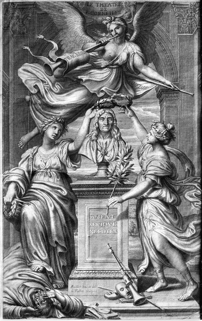 Frontispice voor een editie van Le Theatre de P. Corneille, gegraveerd door Guillaume Vallet, gepubliceerd 1664 door Antoine Paillet